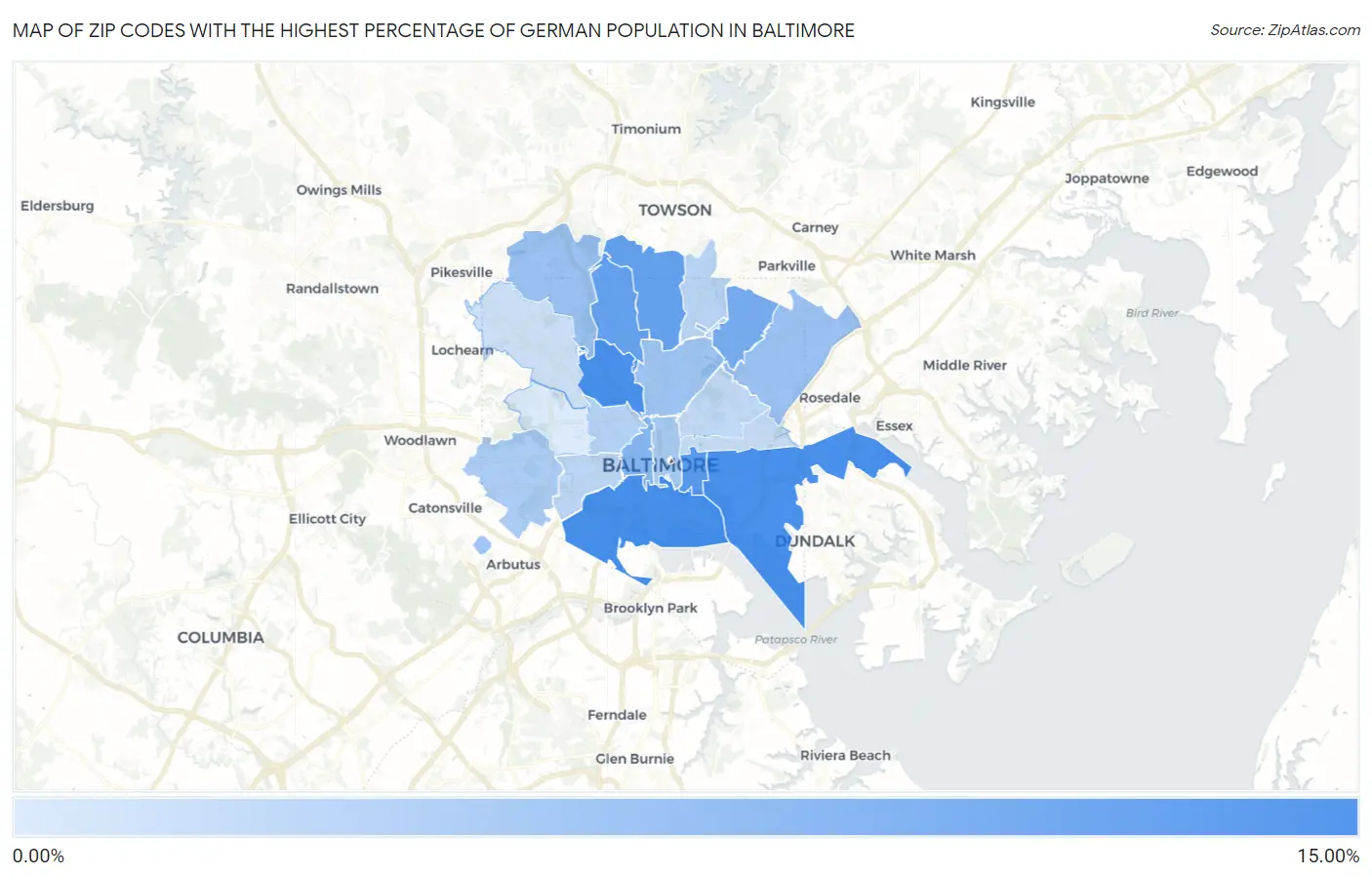 Zip Codes with the Highest Percentage of German Population in Baltimore Map