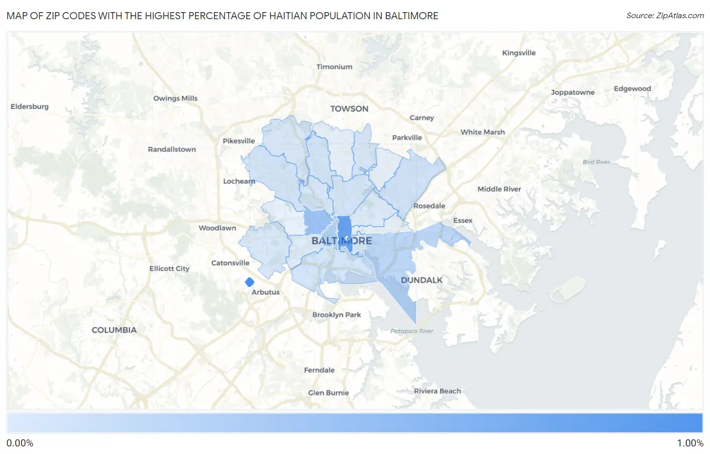 Zip Codes with the Highest Percentage of Haitian Population in Baltimore Map