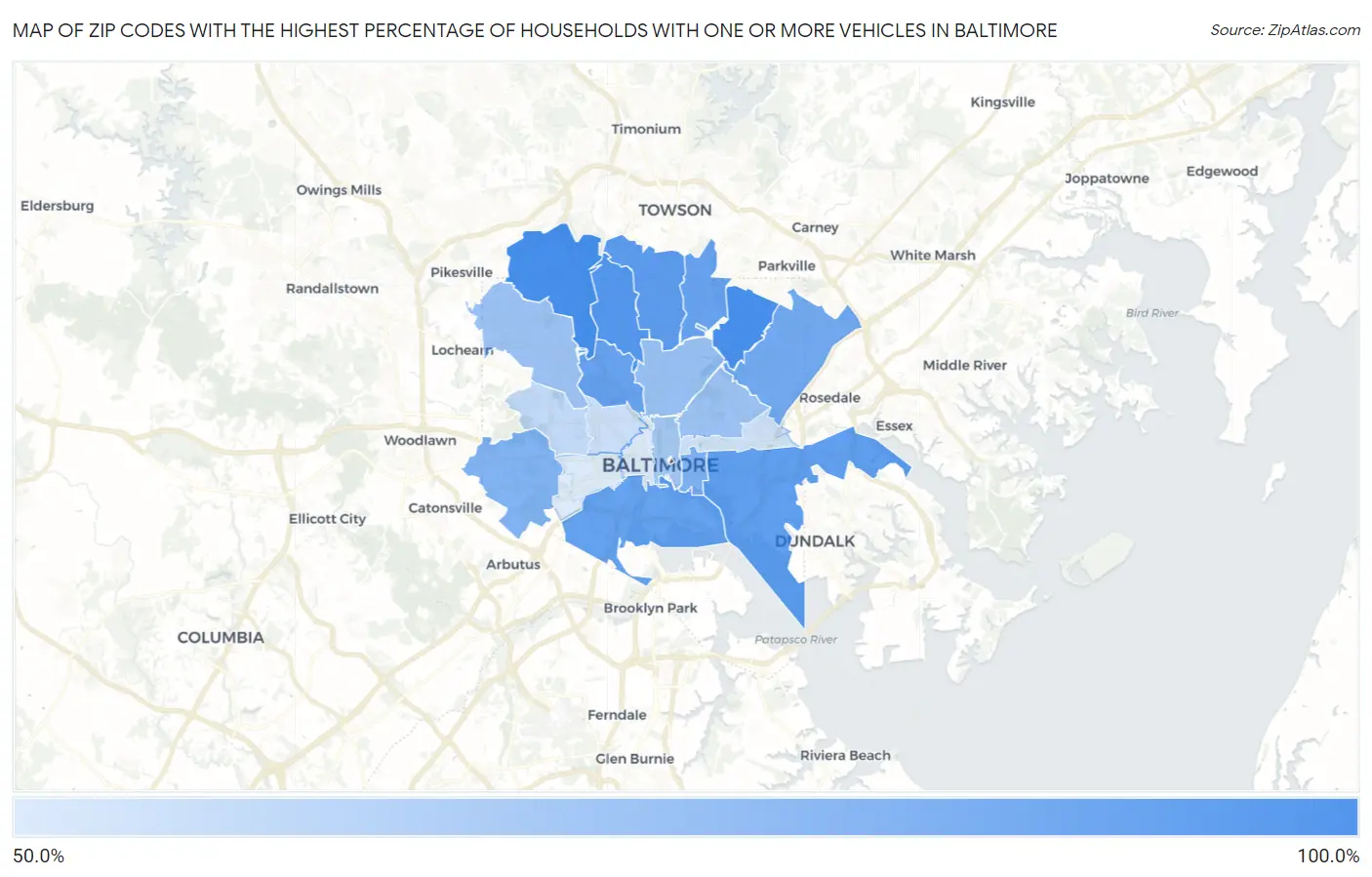 Zip Codes with the Highest Percentage of Households With One or more Vehicles in Baltimore Map