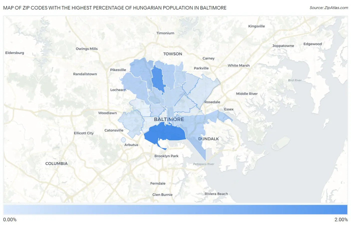 Zip Codes with the Highest Percentage of Hungarian Population in Baltimore Map