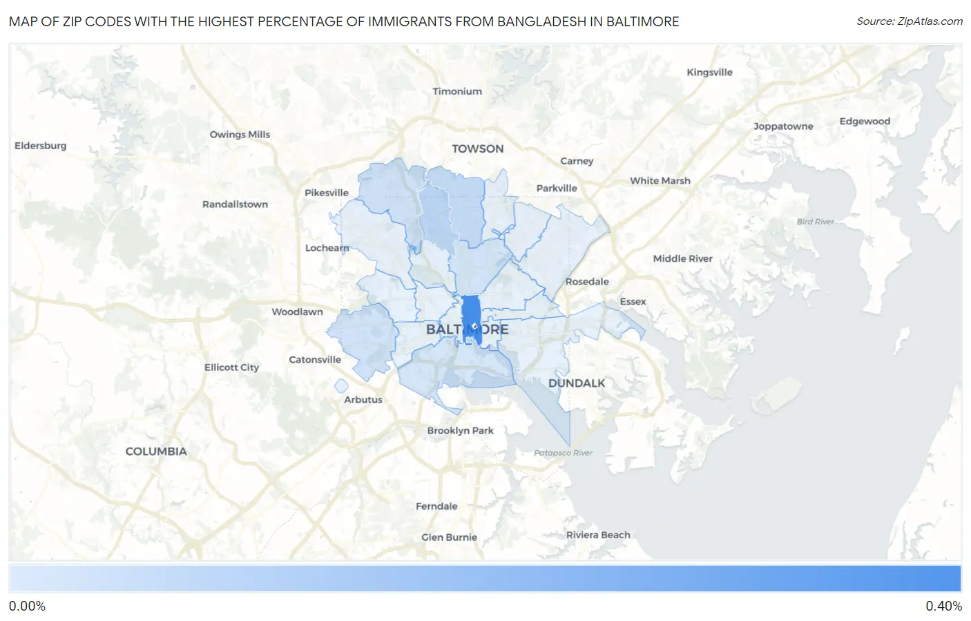 Zip Codes with the Highest Percentage of Immigrants from Bangladesh in Baltimore Map