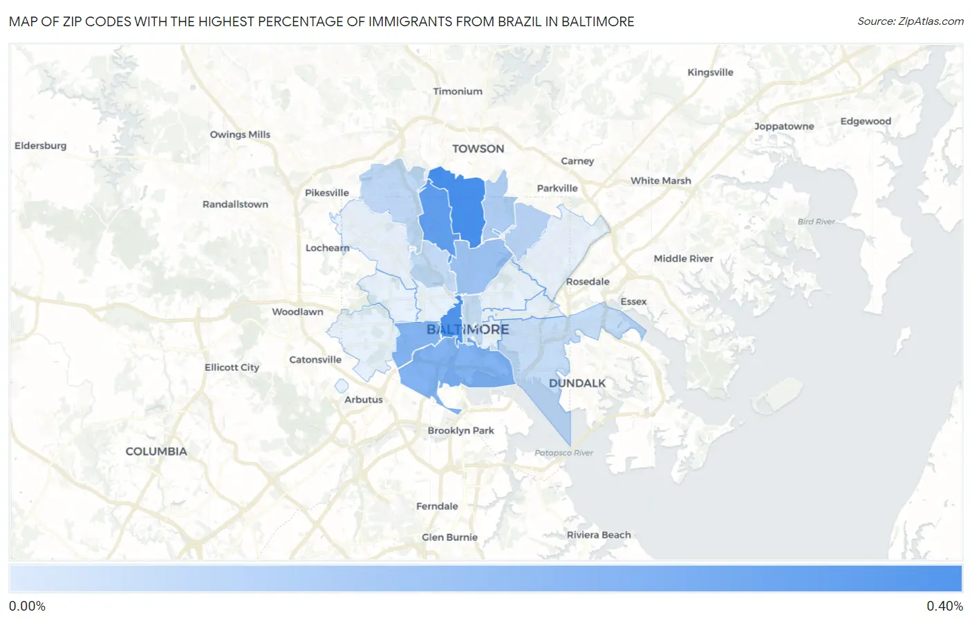 Zip Codes with the Highest Percentage of Immigrants from Brazil in Baltimore Map