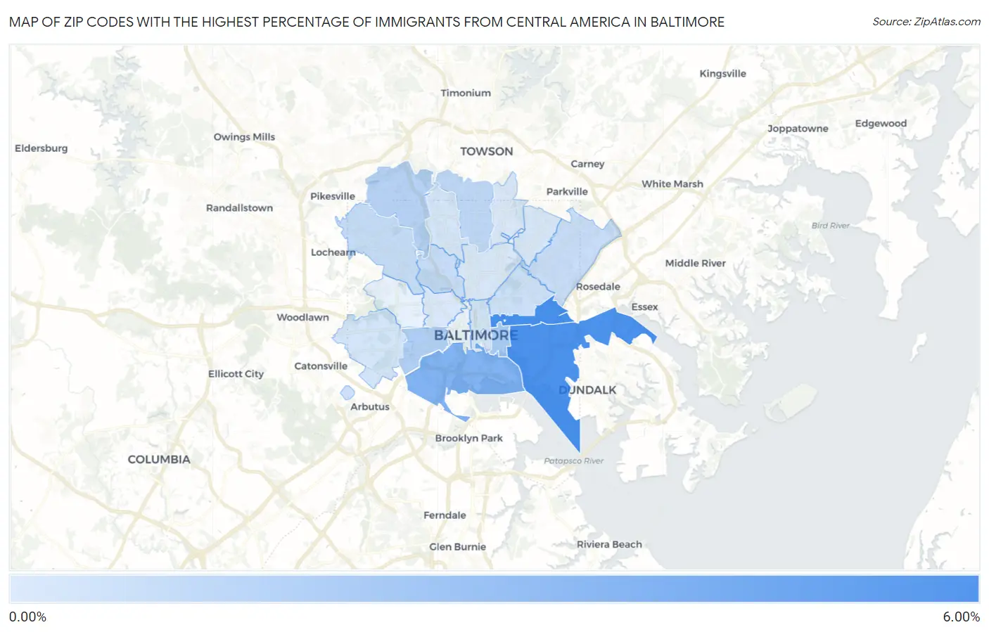 Zip Codes with the Highest Percentage of Immigrants from Central America in Baltimore Map