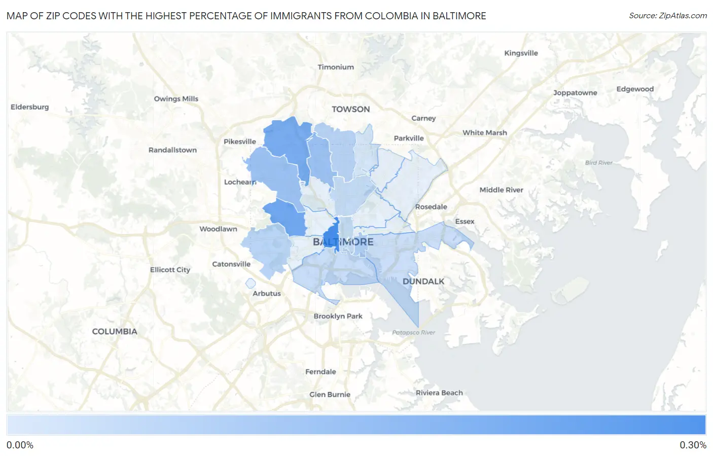 Zip Codes with the Highest Percentage of Immigrants from Colombia in Baltimore Map