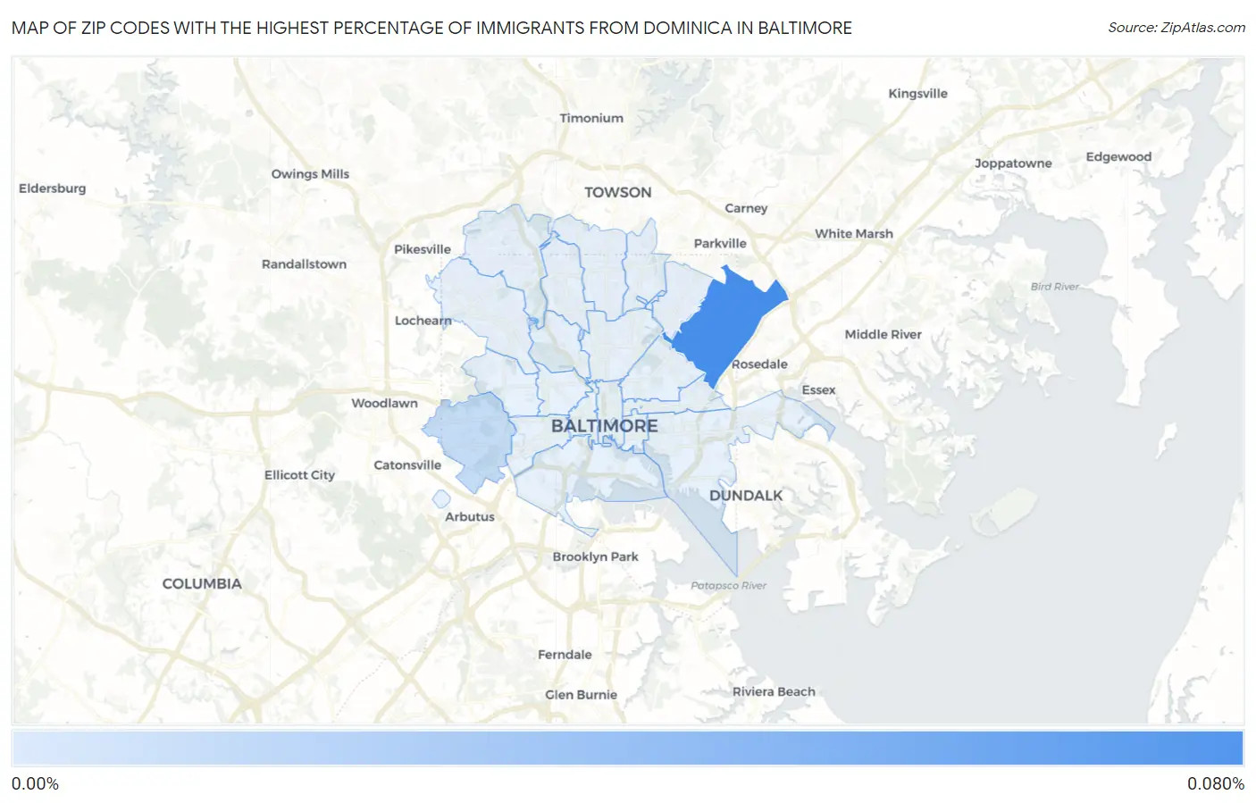 Zip Codes with the Highest Percentage of Immigrants from Dominica in Baltimore Map
