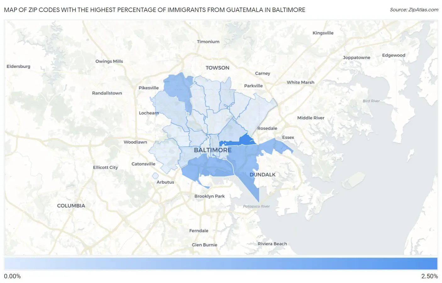 Zip Codes with the Highest Percentage of Immigrants from Guatemala in Baltimore Map