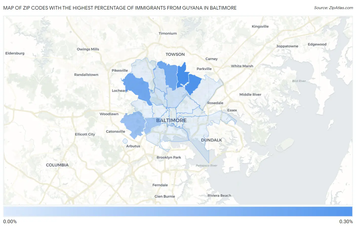 Zip Codes with the Highest Percentage of Immigrants from Guyana in Baltimore Map