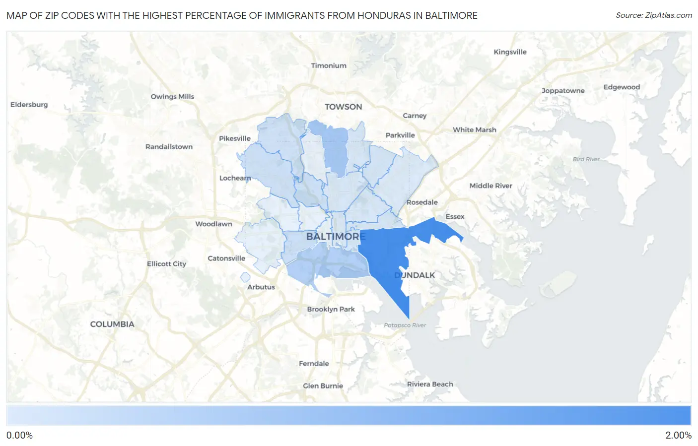 Zip Codes with the Highest Percentage of Immigrants from Honduras in Baltimore Map
