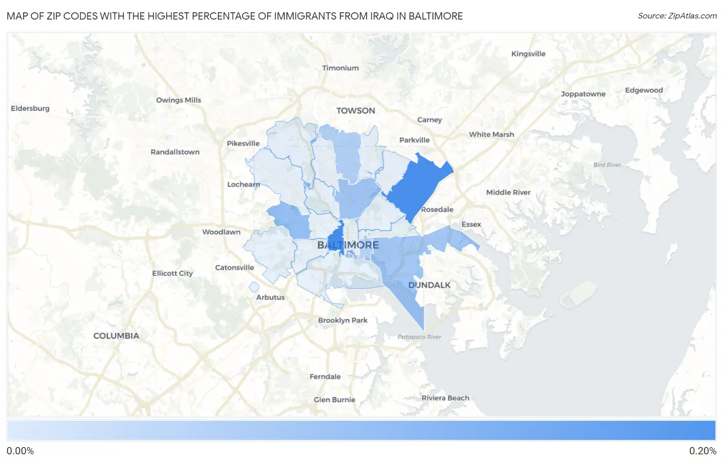 Zip Codes with the Highest Percentage of Immigrants from Iraq in Baltimore Map