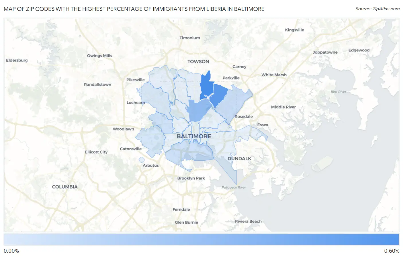 Zip Codes with the Highest Percentage of Immigrants from Liberia in Baltimore Map