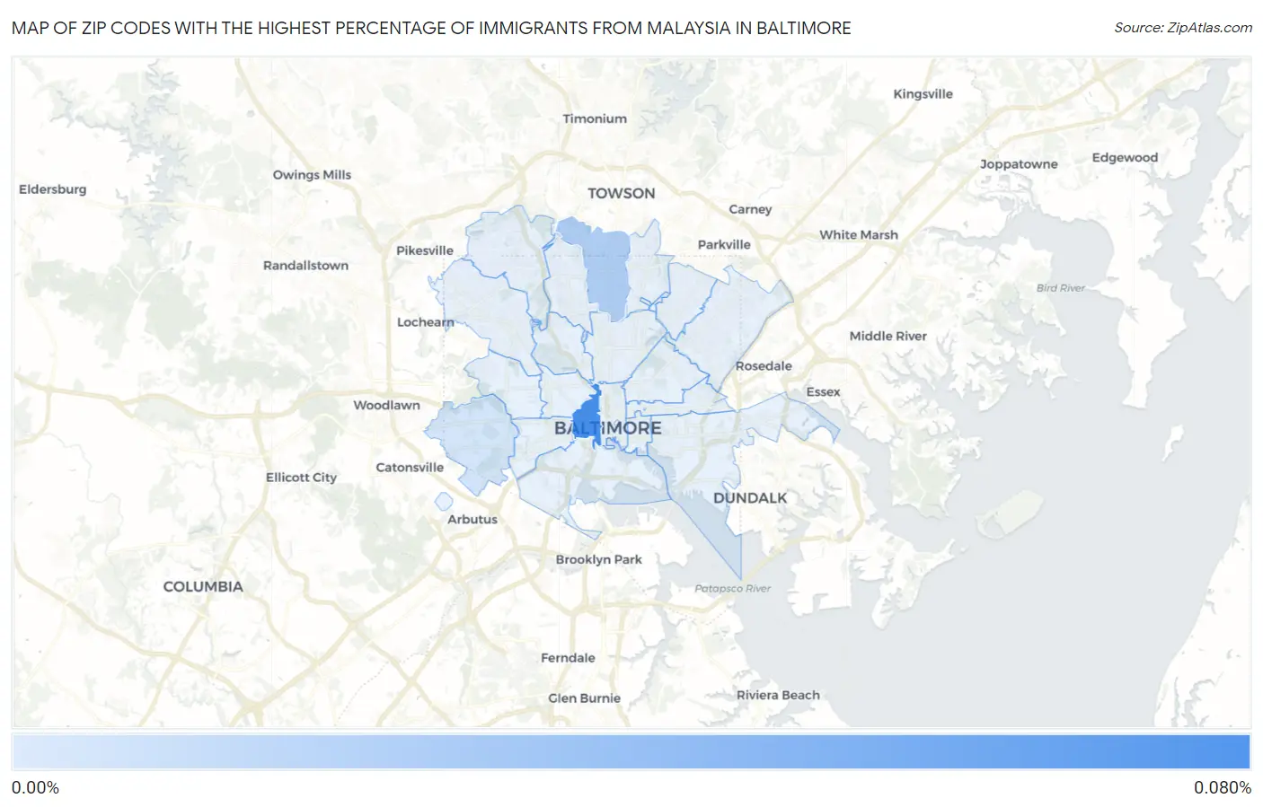 Zip Codes with the Highest Percentage of Immigrants from Malaysia in Baltimore Map