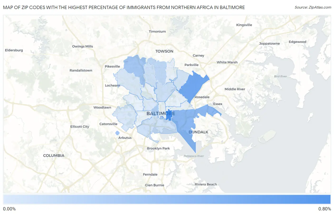 Zip Codes with the Highest Percentage of Immigrants from Northern Africa in Baltimore Map