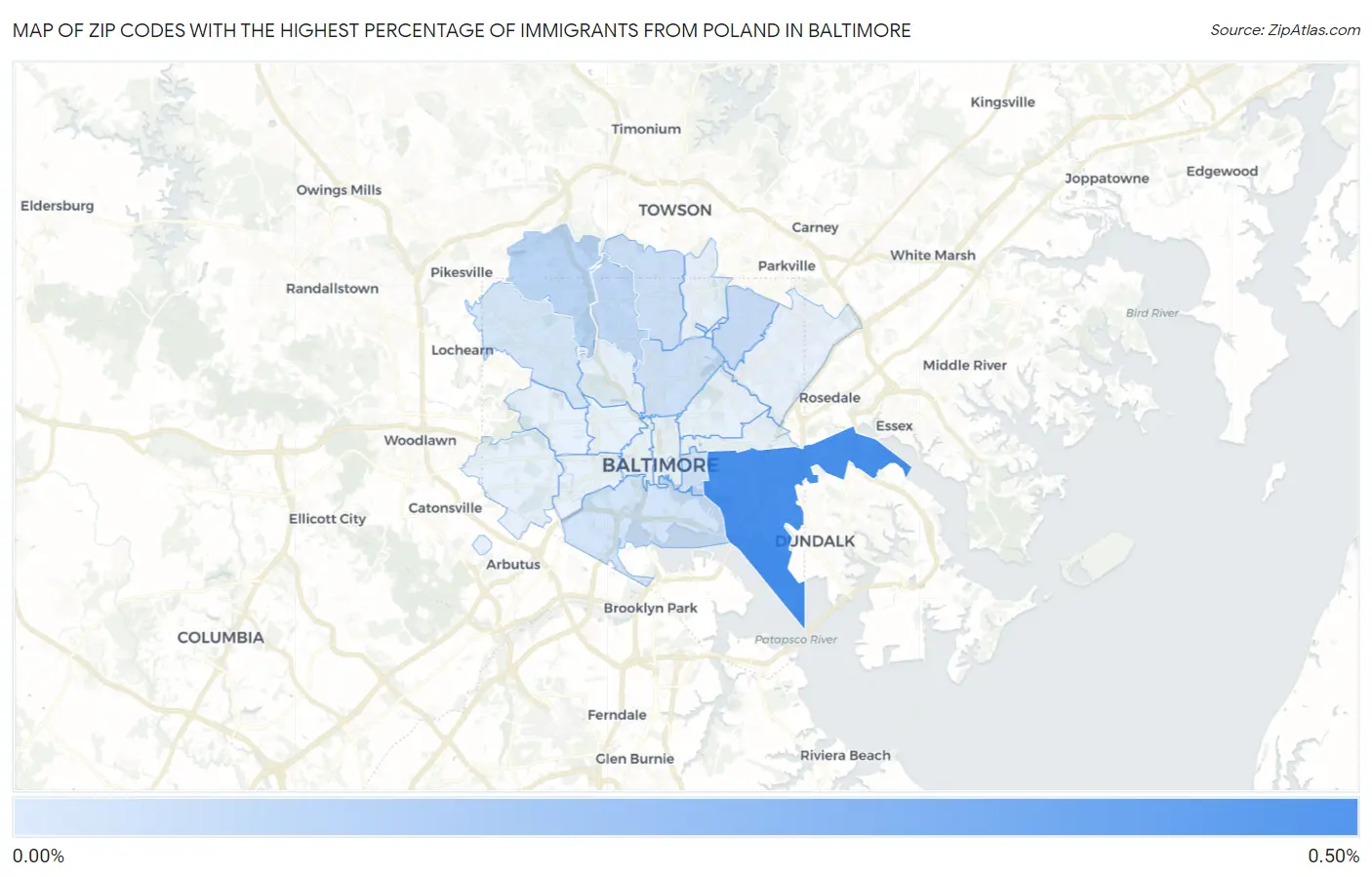 Zip Codes with the Highest Percentage of Immigrants from Poland in Baltimore Map