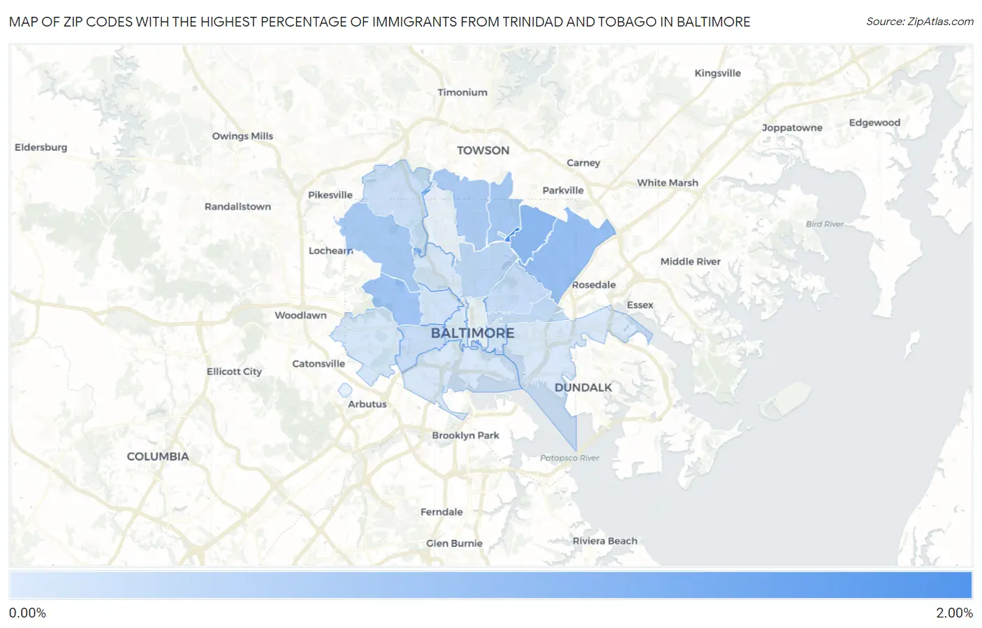 Zip Codes with the Highest Percentage of Immigrants from Trinidad and Tobago in Baltimore Map