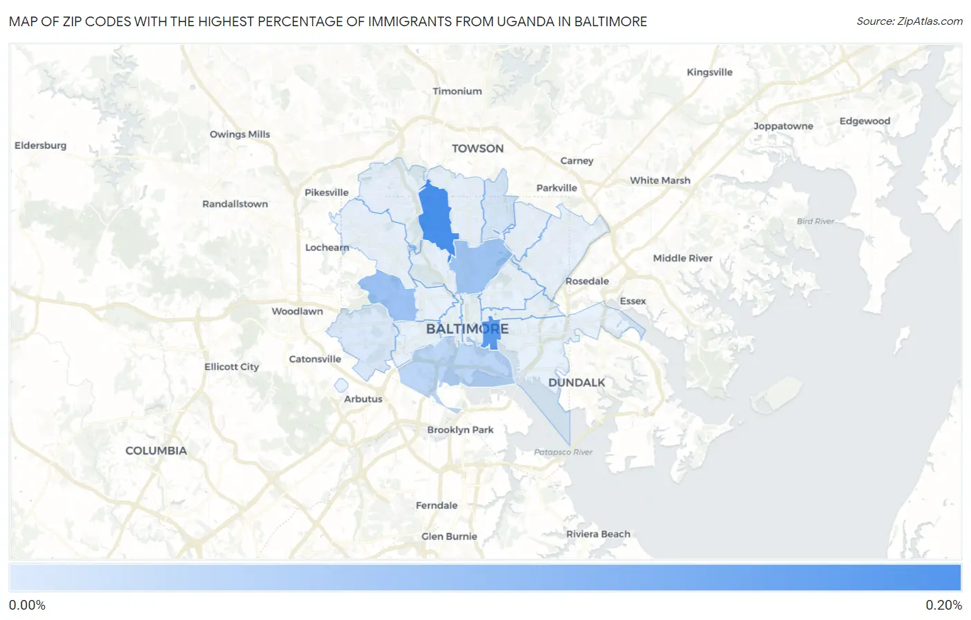 Zip Codes with the Highest Percentage of Immigrants from Uganda in Baltimore Map