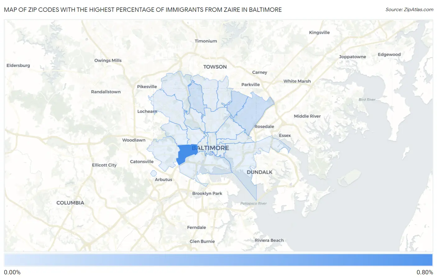 Zip Codes with the Highest Percentage of Immigrants from Zaire in Baltimore Map