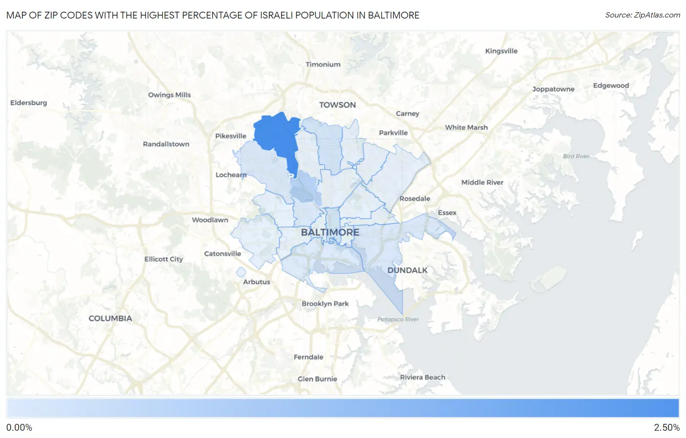 Zip Codes with the Highest Percentage of Israeli Population in Baltimore Map