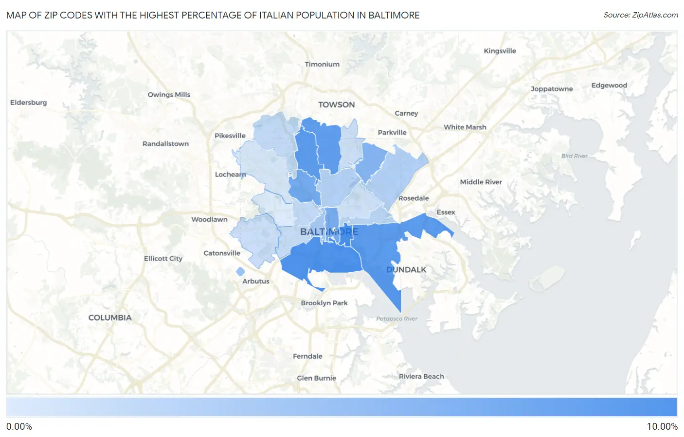 Zip Codes with the Highest Percentage of Italian Population in Baltimore Map