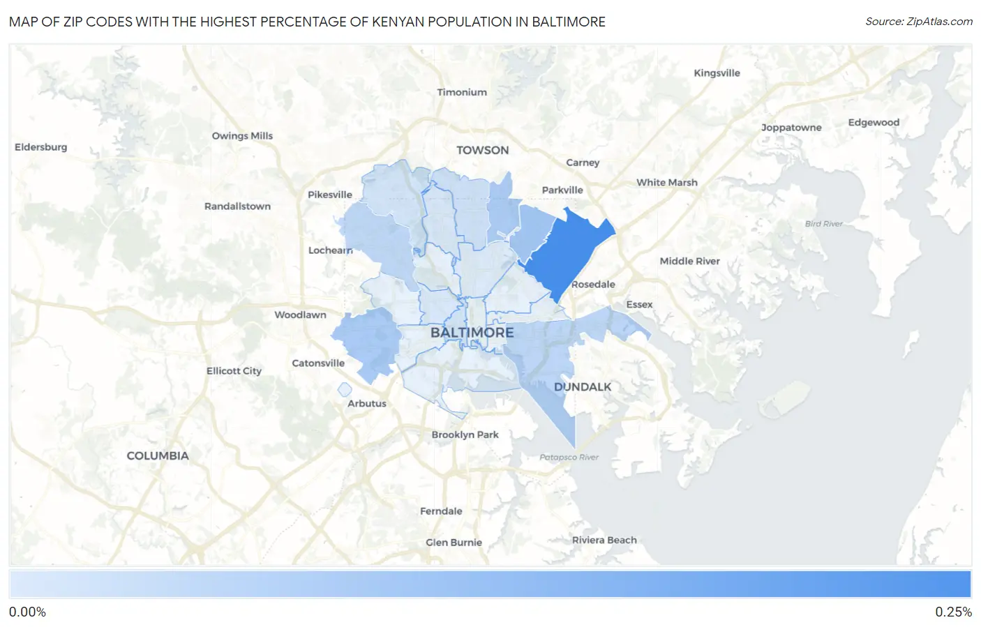 Zip Codes with the Highest Percentage of Kenyan Population in Baltimore Map