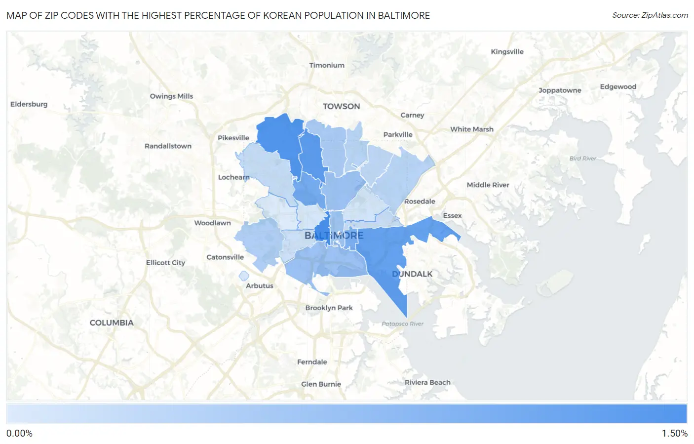 Zip Codes with the Highest Percentage of Korean Population in Baltimore Map