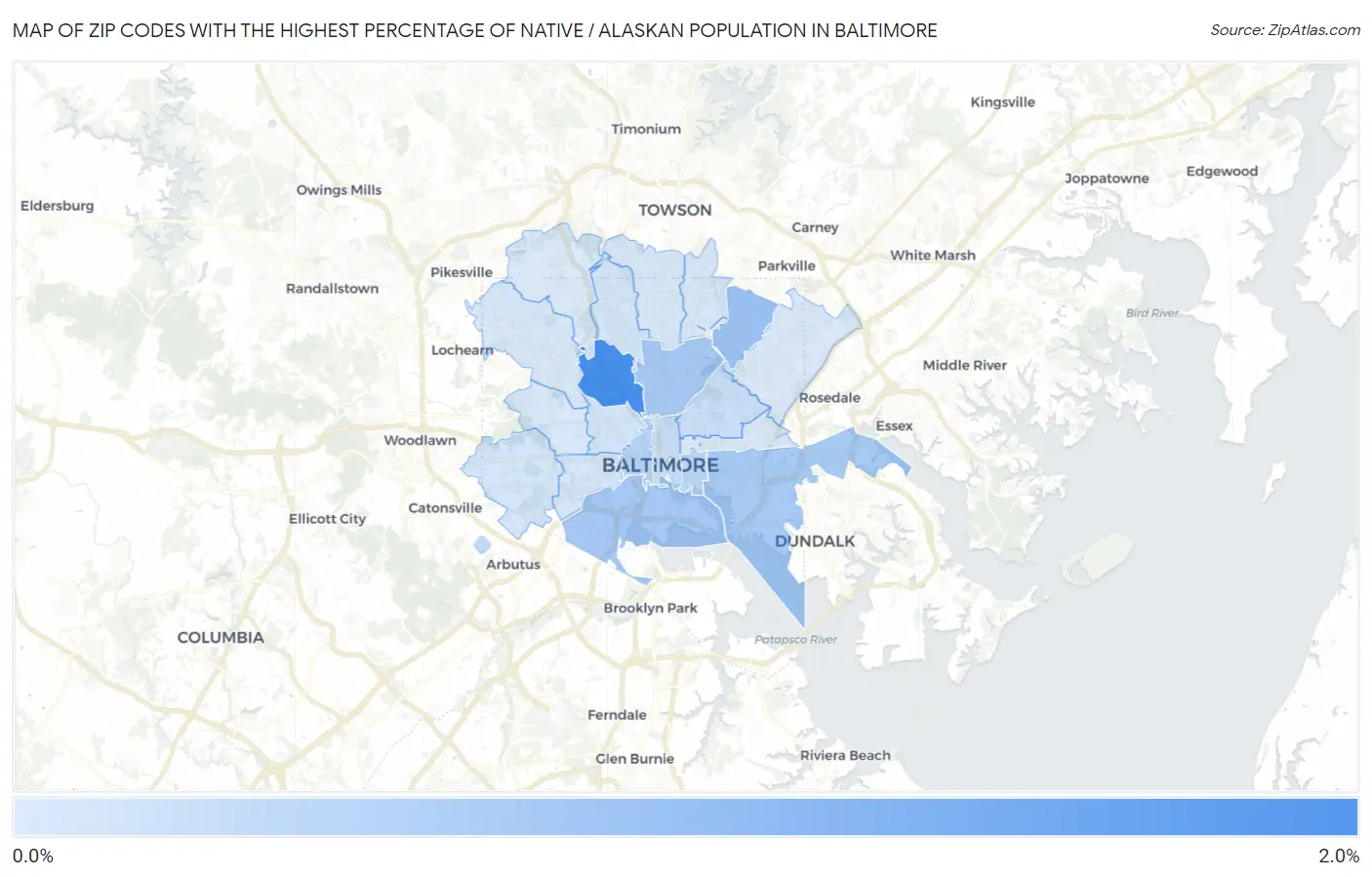 Zip Codes with the Highest Percentage of Native / Alaskan Population in Baltimore Map
