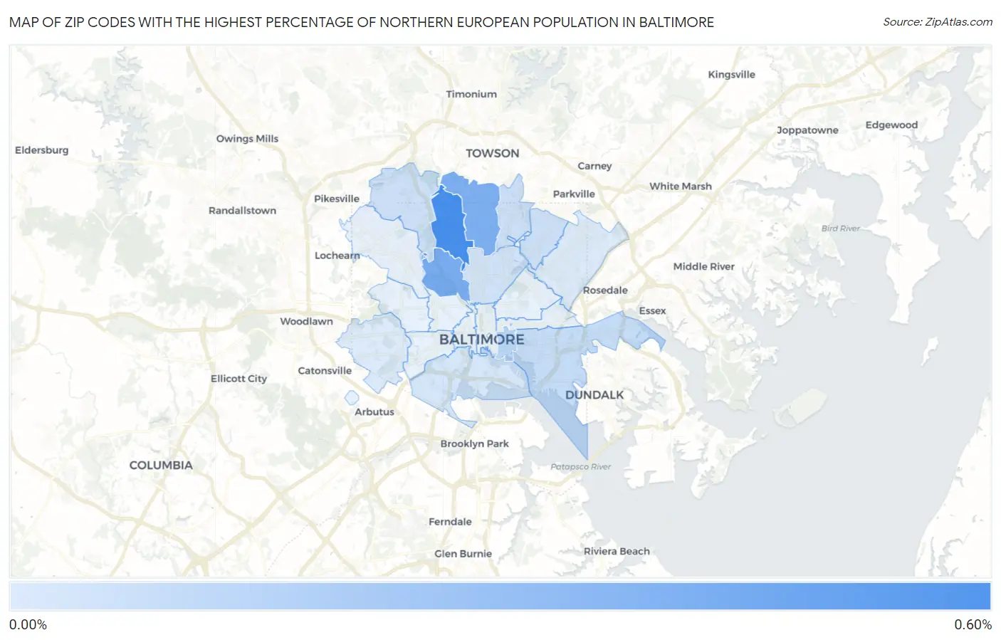 Zip Codes with the Highest Percentage of Northern European Population in Baltimore Map