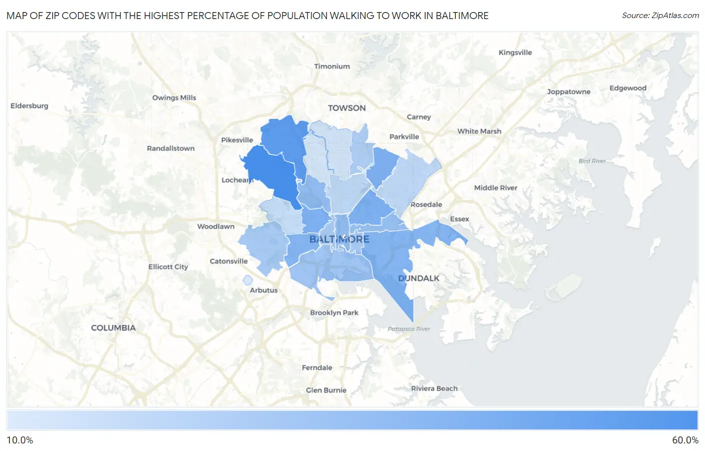 Zip Codes with the Highest Percentage of Population Walking to Work in Baltimore Map