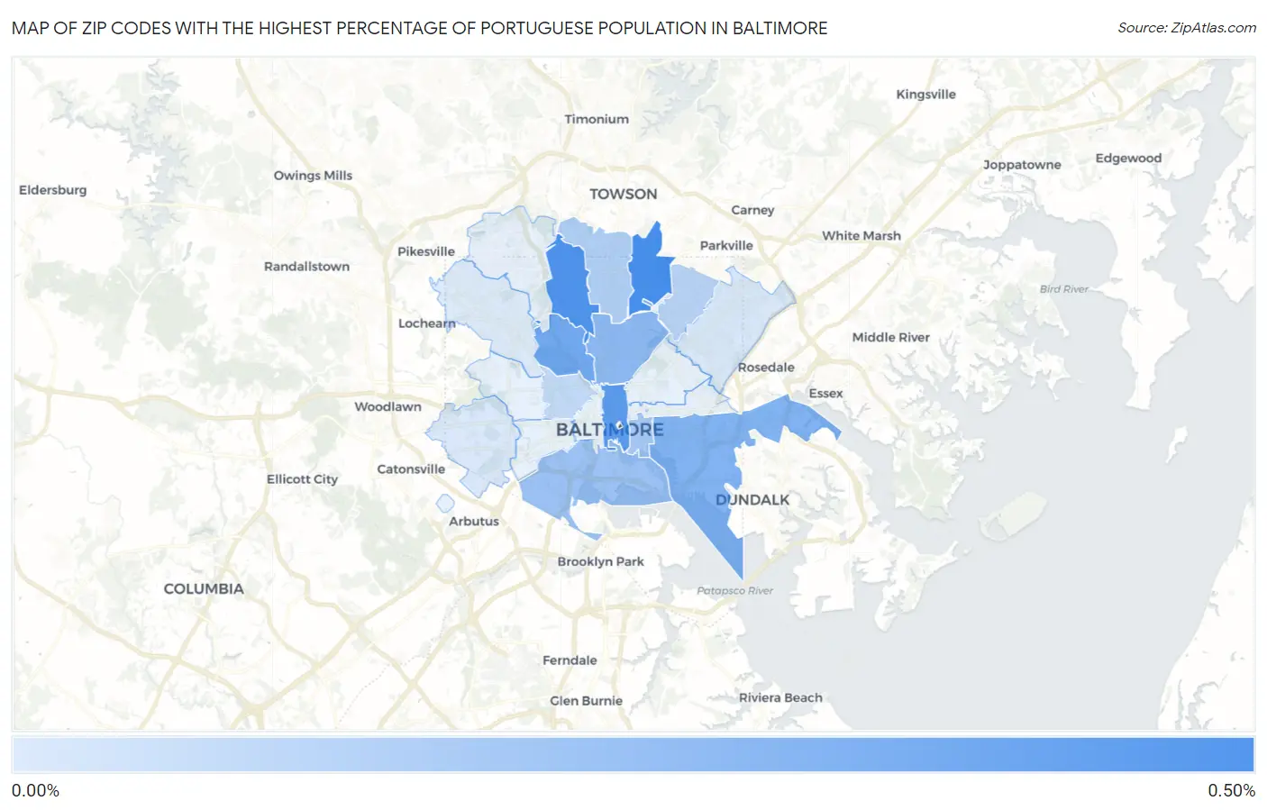 Zip Codes with the Highest Percentage of Portuguese Population in Baltimore Map