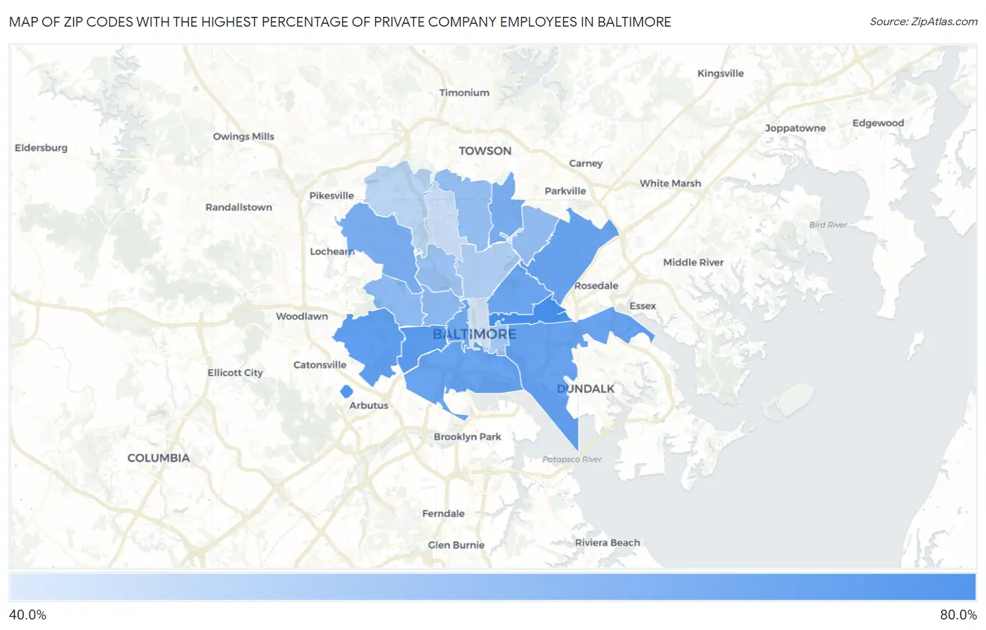 Zip Codes with the Highest Percentage of Private Company Employees in Baltimore Map