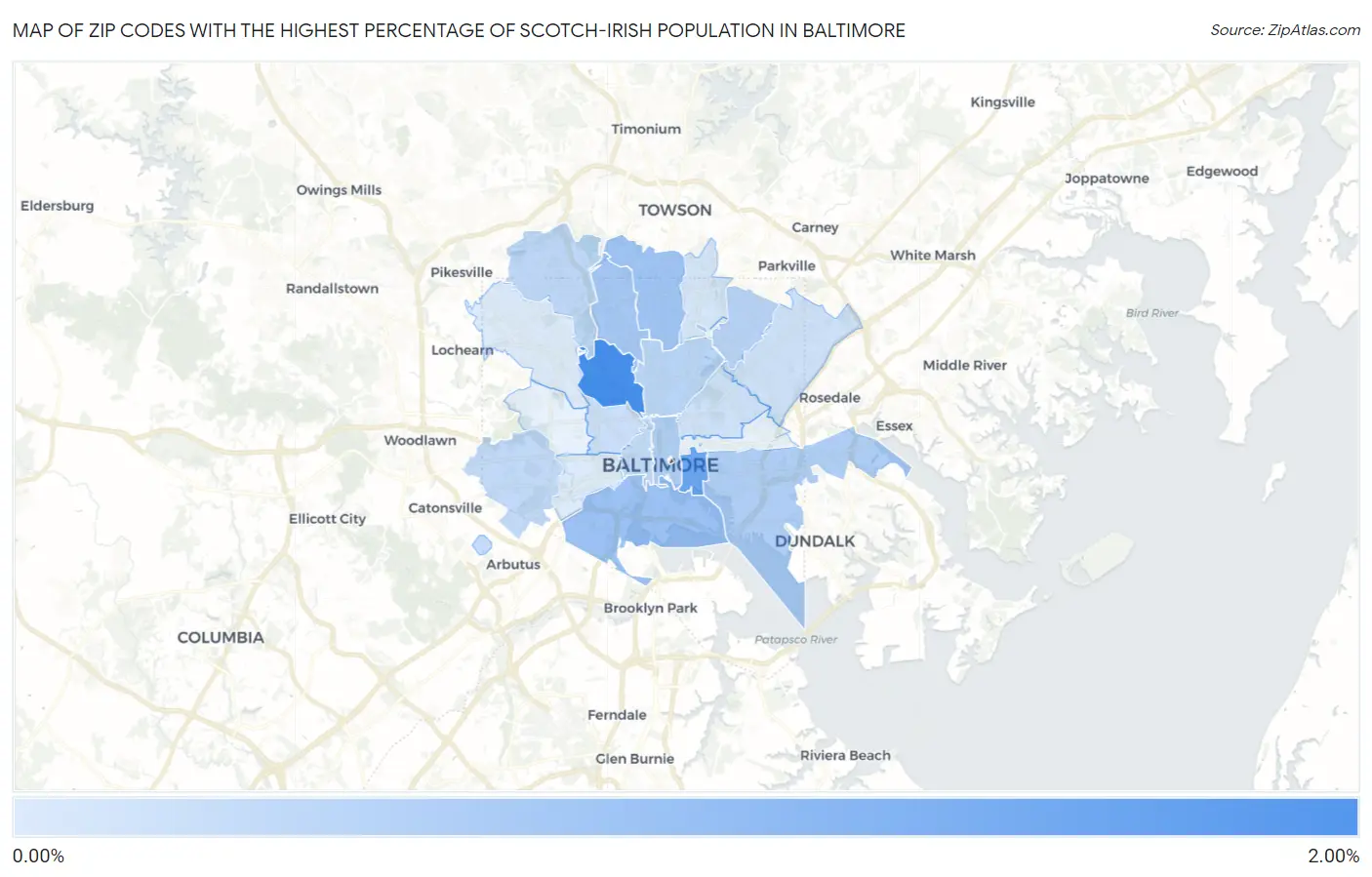 Zip Codes with the Highest Percentage of Scotch-Irish Population in Baltimore Map