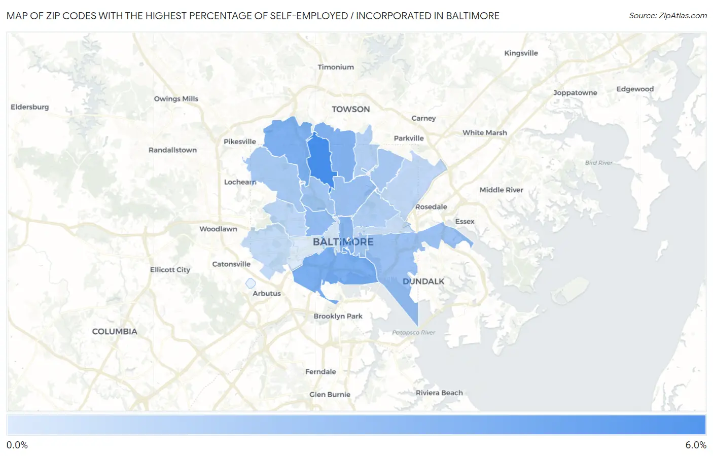 Zip Codes with the Highest Percentage of Self-Employed / Incorporated in Baltimore Map