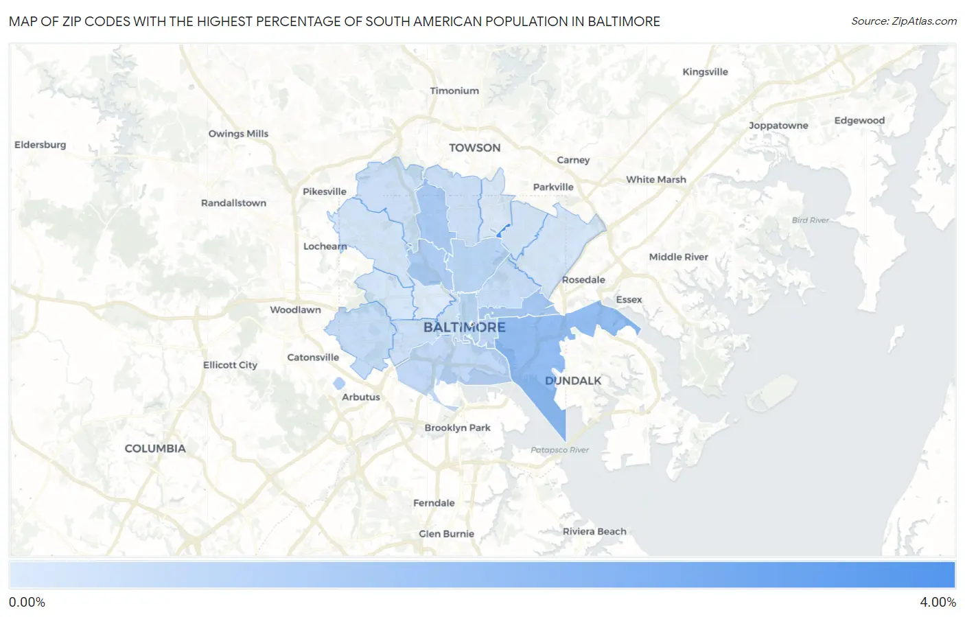 Zip Codes with the Highest Percentage of South American Population in Baltimore Map