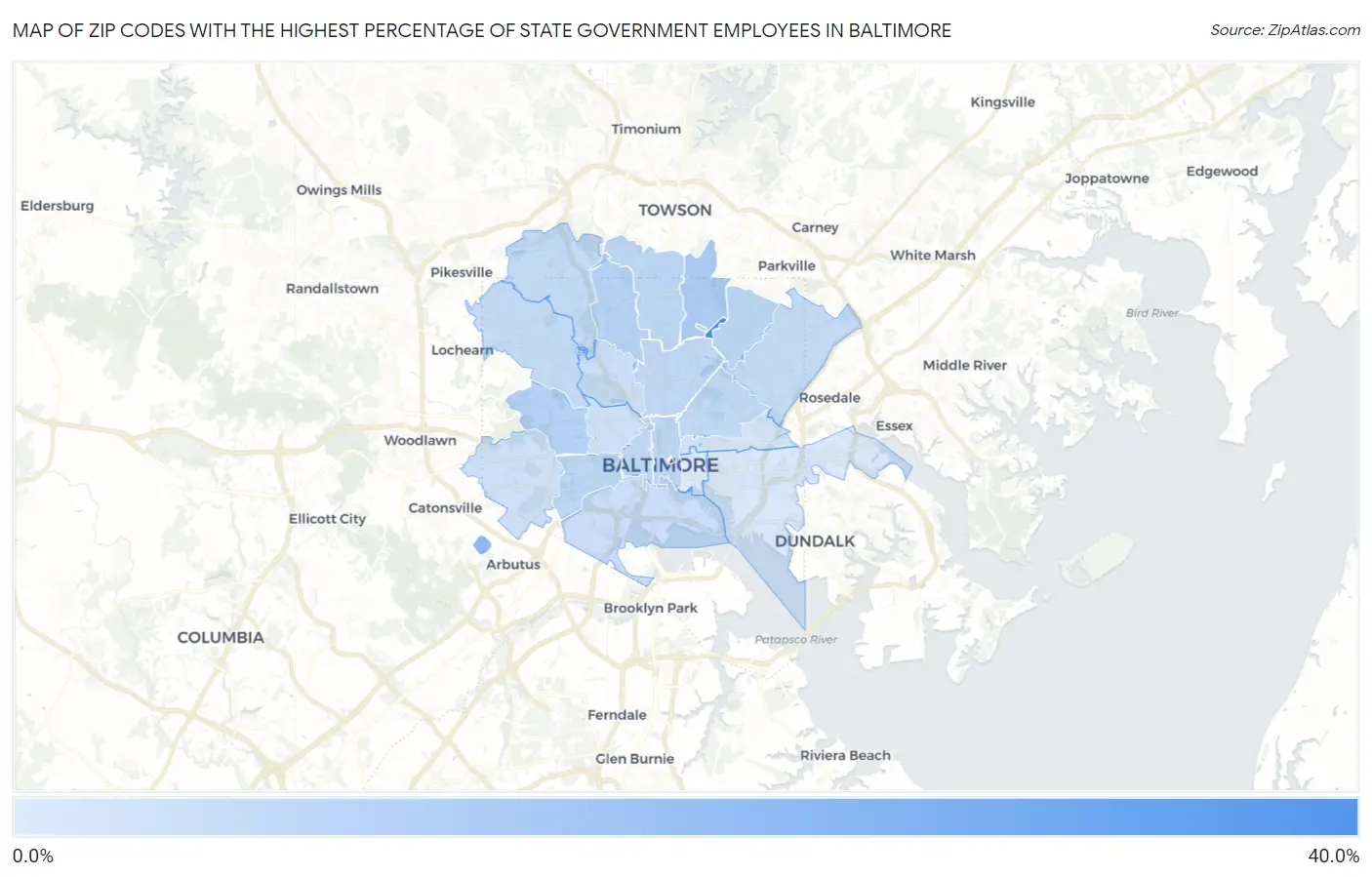 Zip Codes with the Highest Percentage of State Government Employees in Baltimore Map