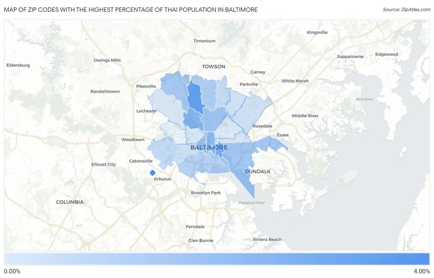 Zip Codes with the Highest Percentage of Thai Population in Baltimore Map