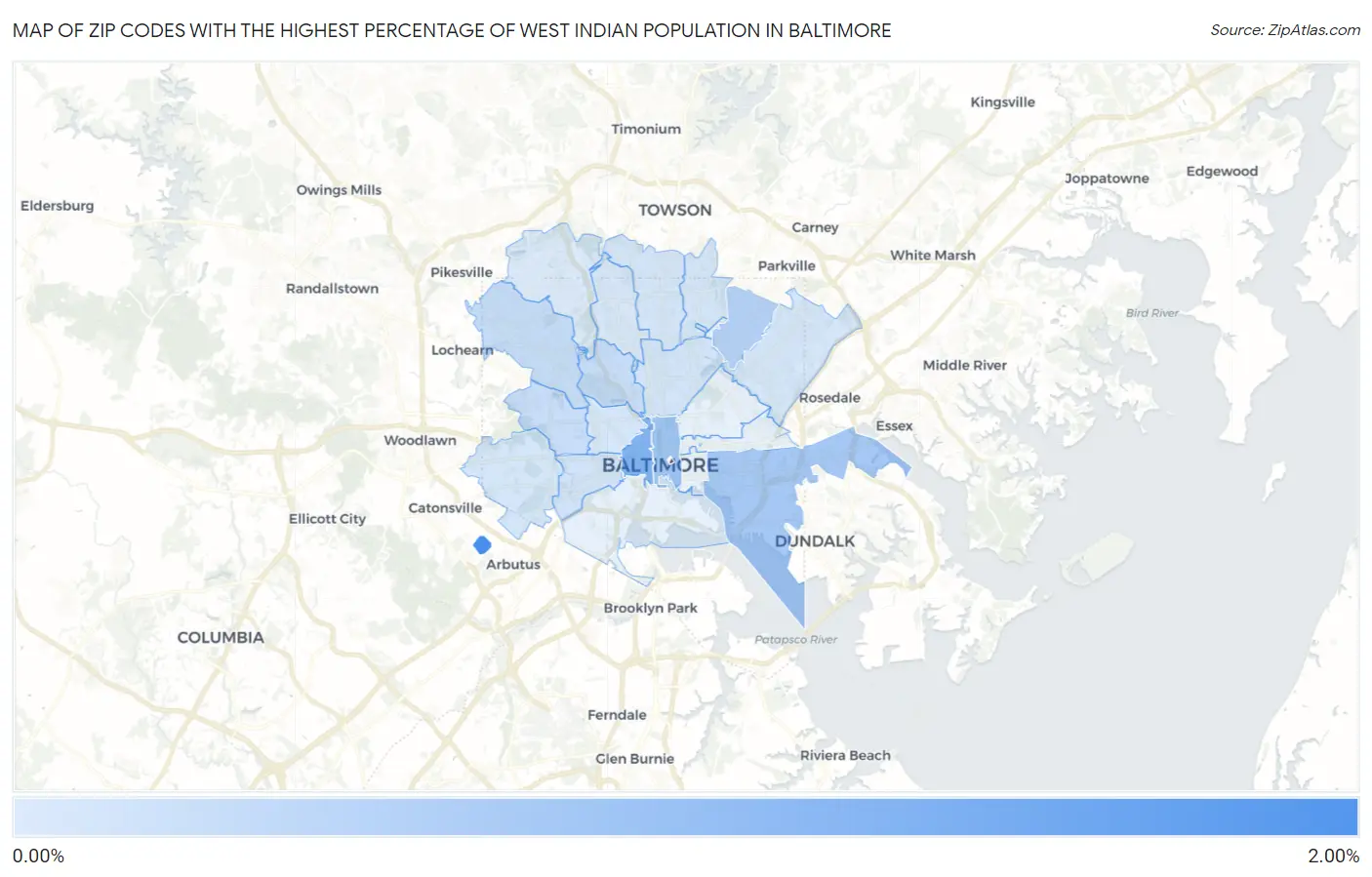 Zip Codes with the Highest Percentage of West Indian Population in Baltimore Map