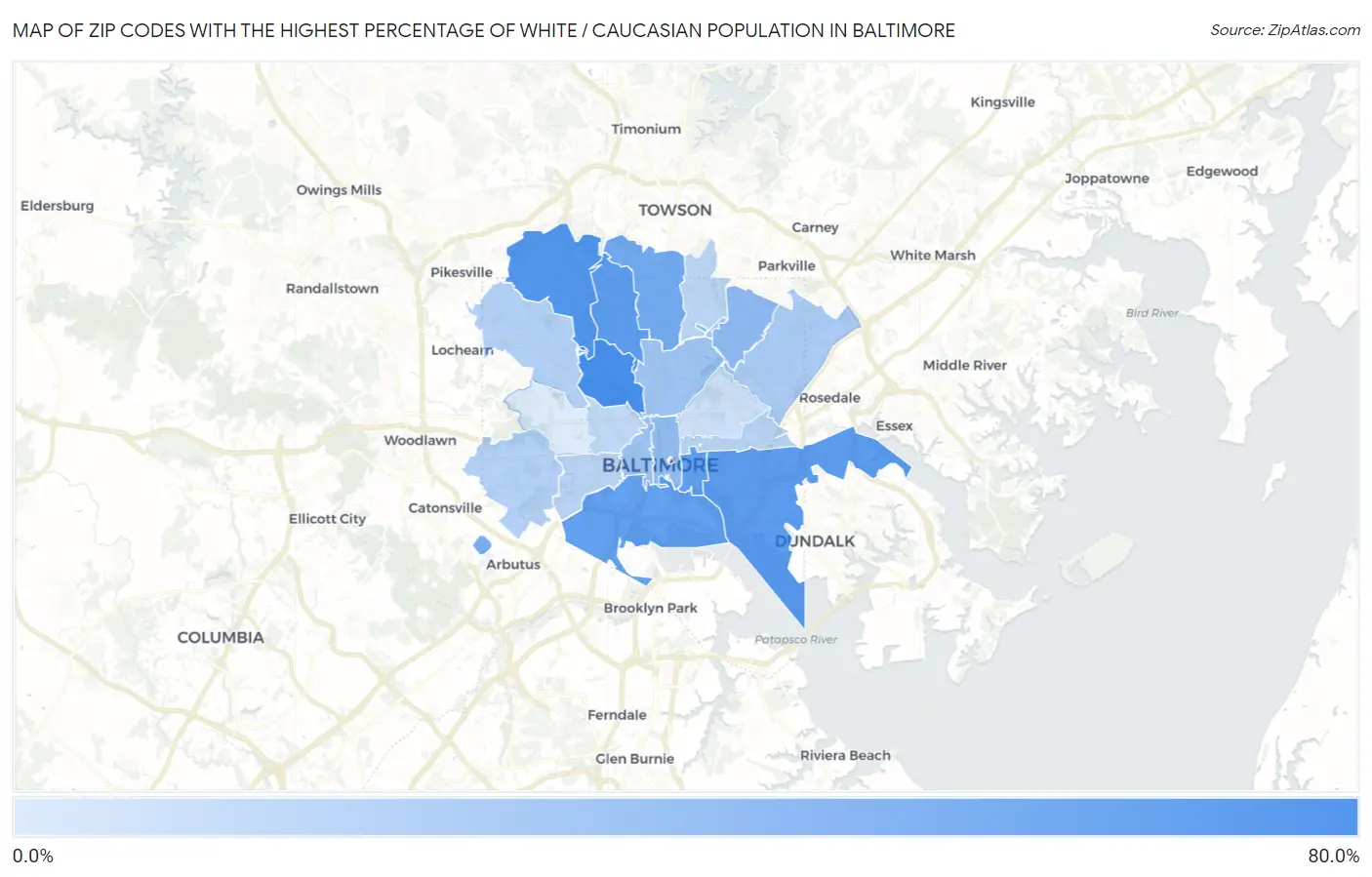 Zip Codes with the Highest Percentage of White / Caucasian Population in Baltimore Map