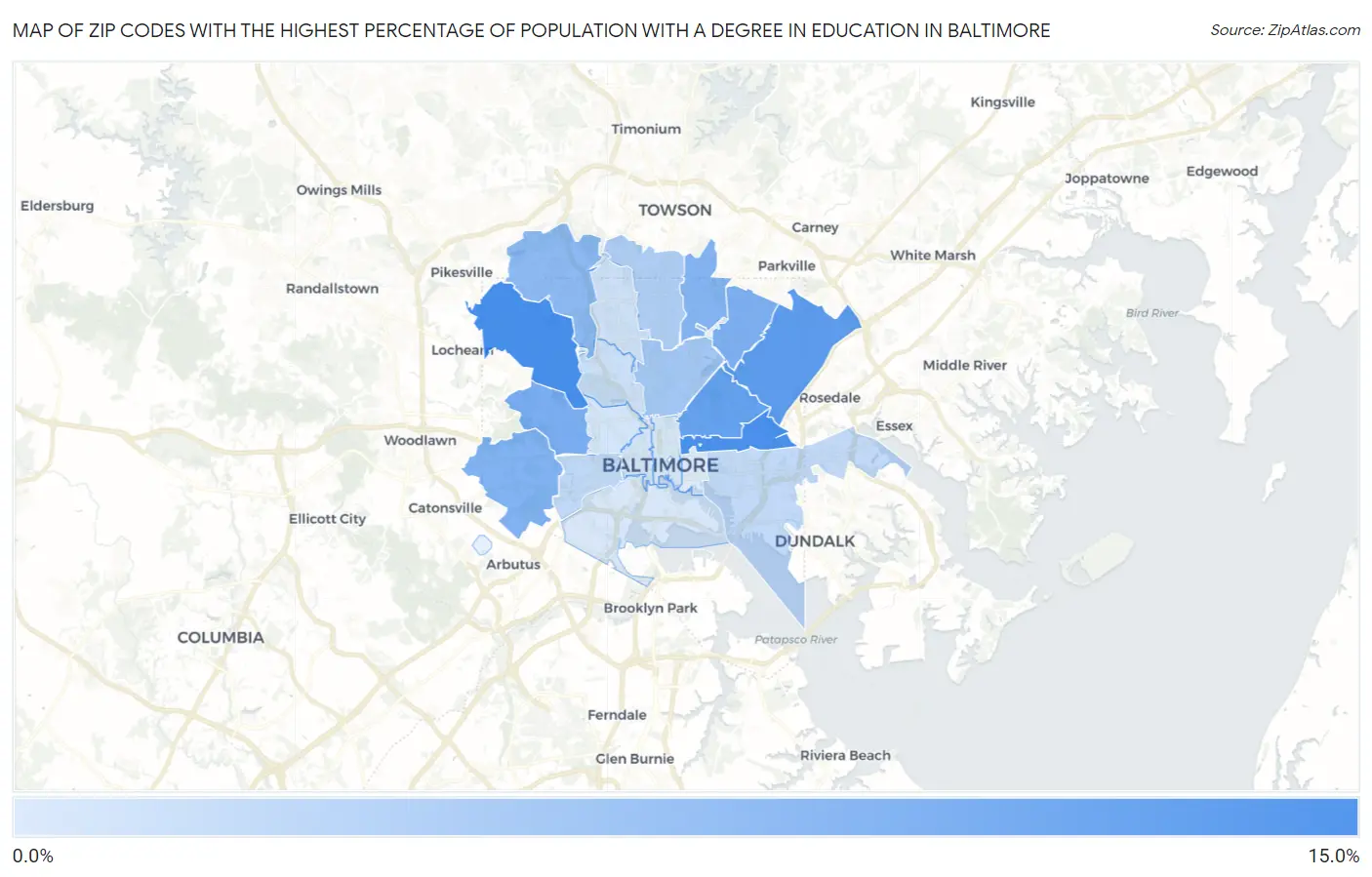 Zip Codes with the Highest Percentage of Population with a Degree in Education in Baltimore Map