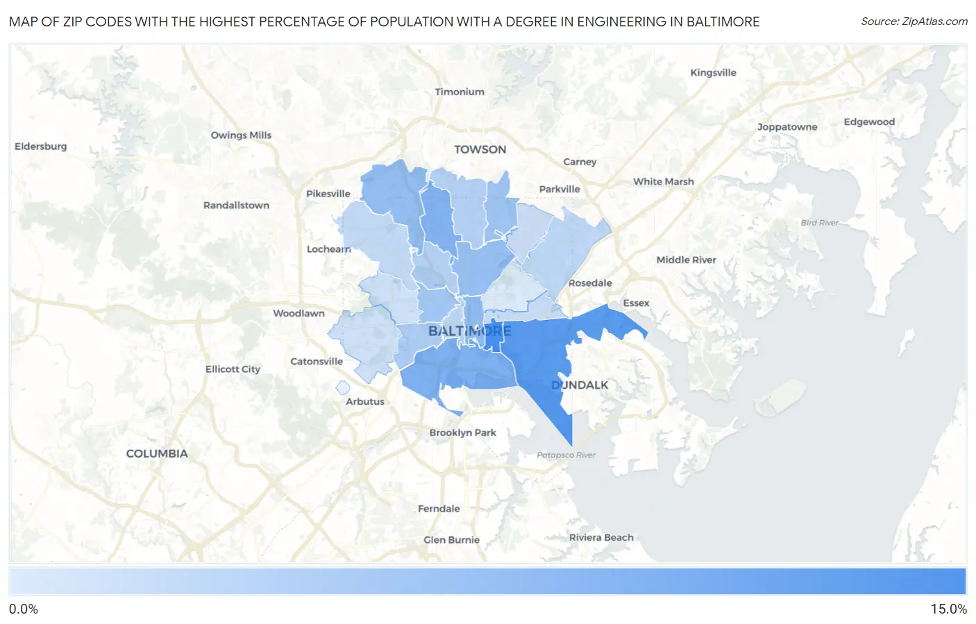 Zip Codes with the Highest Percentage of Population with a Degree in Engineering in Baltimore Map