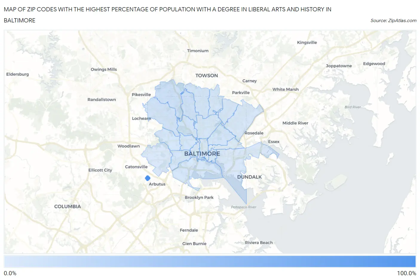 Zip Codes with the Highest Percentage of Population with a Degree in Liberal Arts and History in Baltimore Map