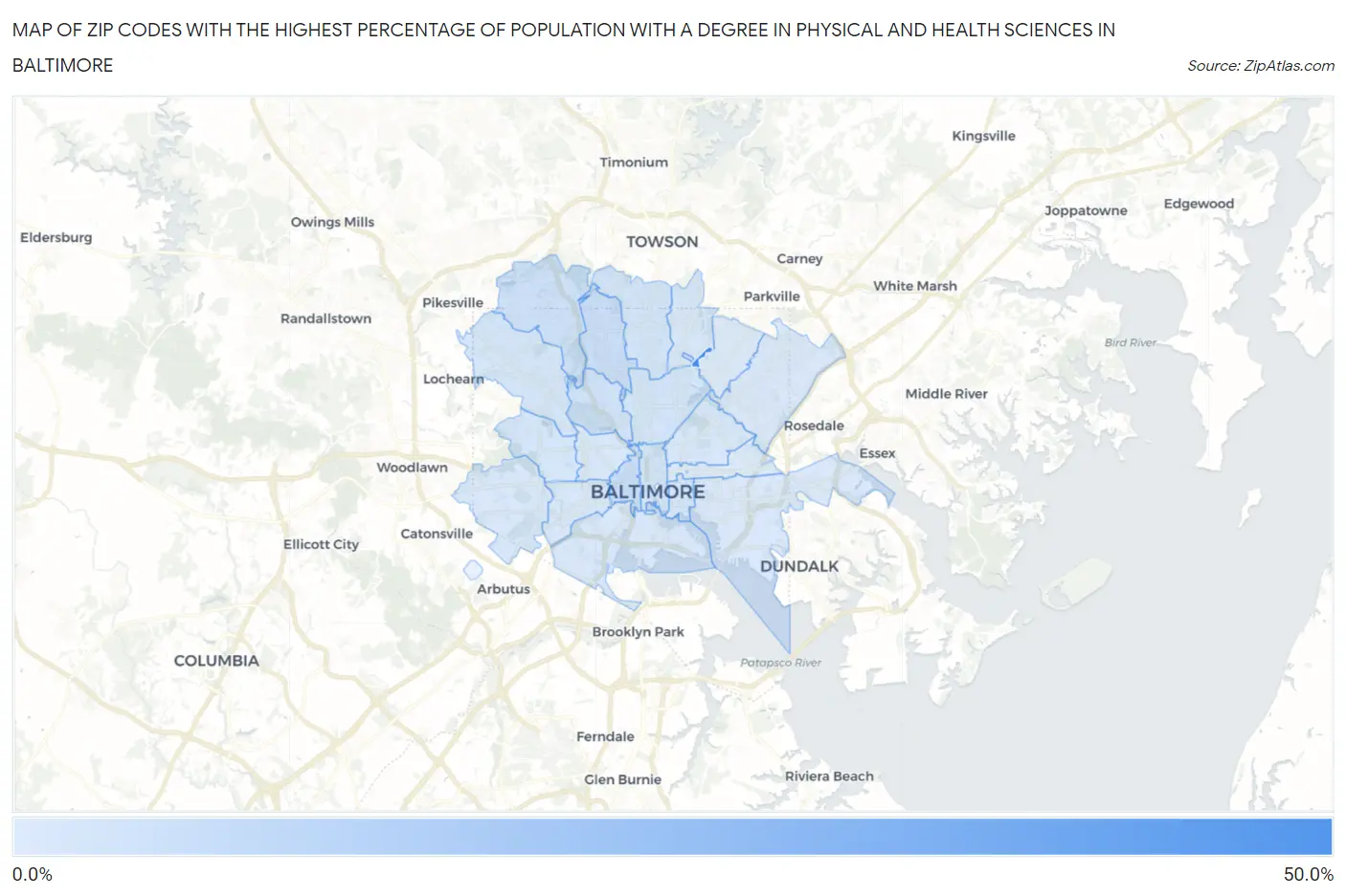Zip Codes with the Highest Percentage of Population with a Degree in Physical and Health Sciences in Baltimore Map