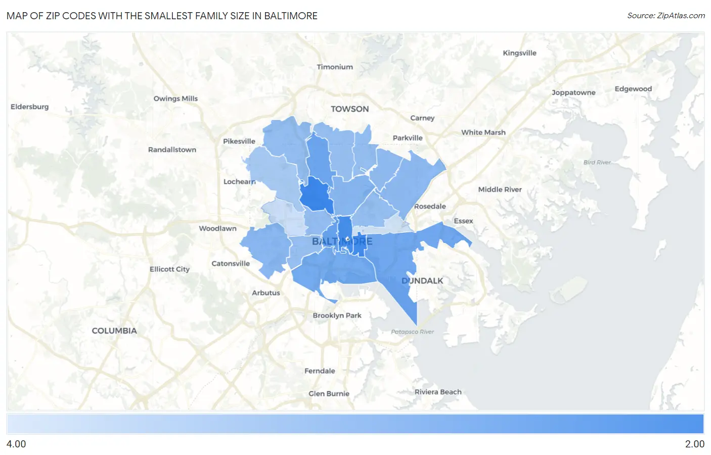 Zip Codes with the Smallest Family Size in Baltimore Map