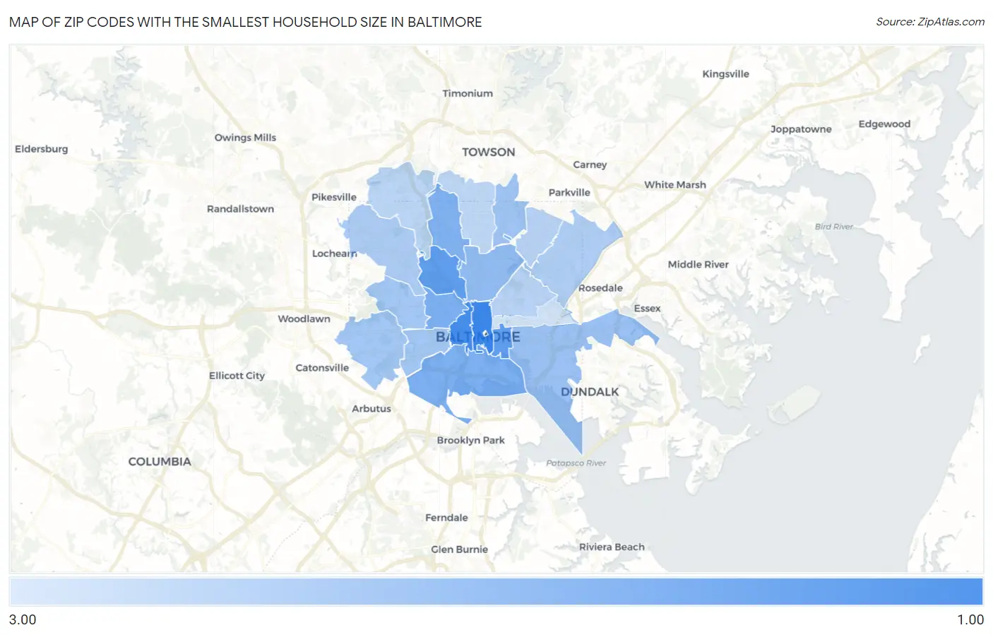 Zip Codes with the Smallest Household Size in Baltimore Map