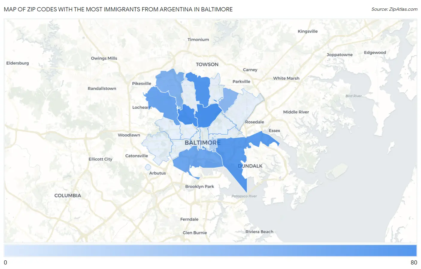 Zip Codes with the Most Immigrants from Argentina in Baltimore Map