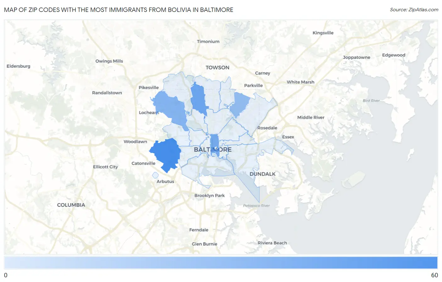 Zip Codes with the Most Immigrants from Bolivia in Baltimore Map