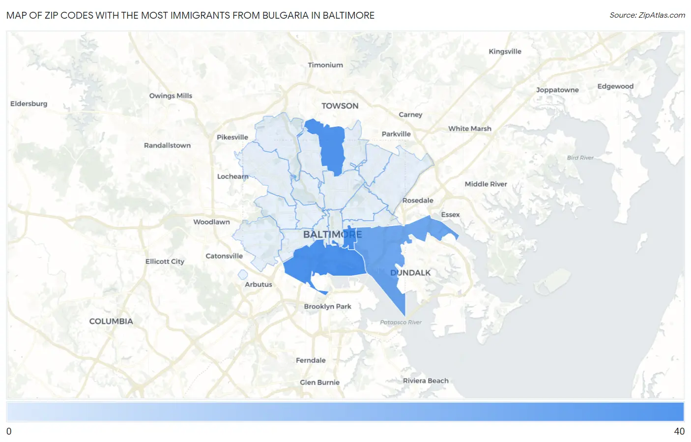 Zip Codes with the Most Immigrants from Bulgaria in Baltimore Map