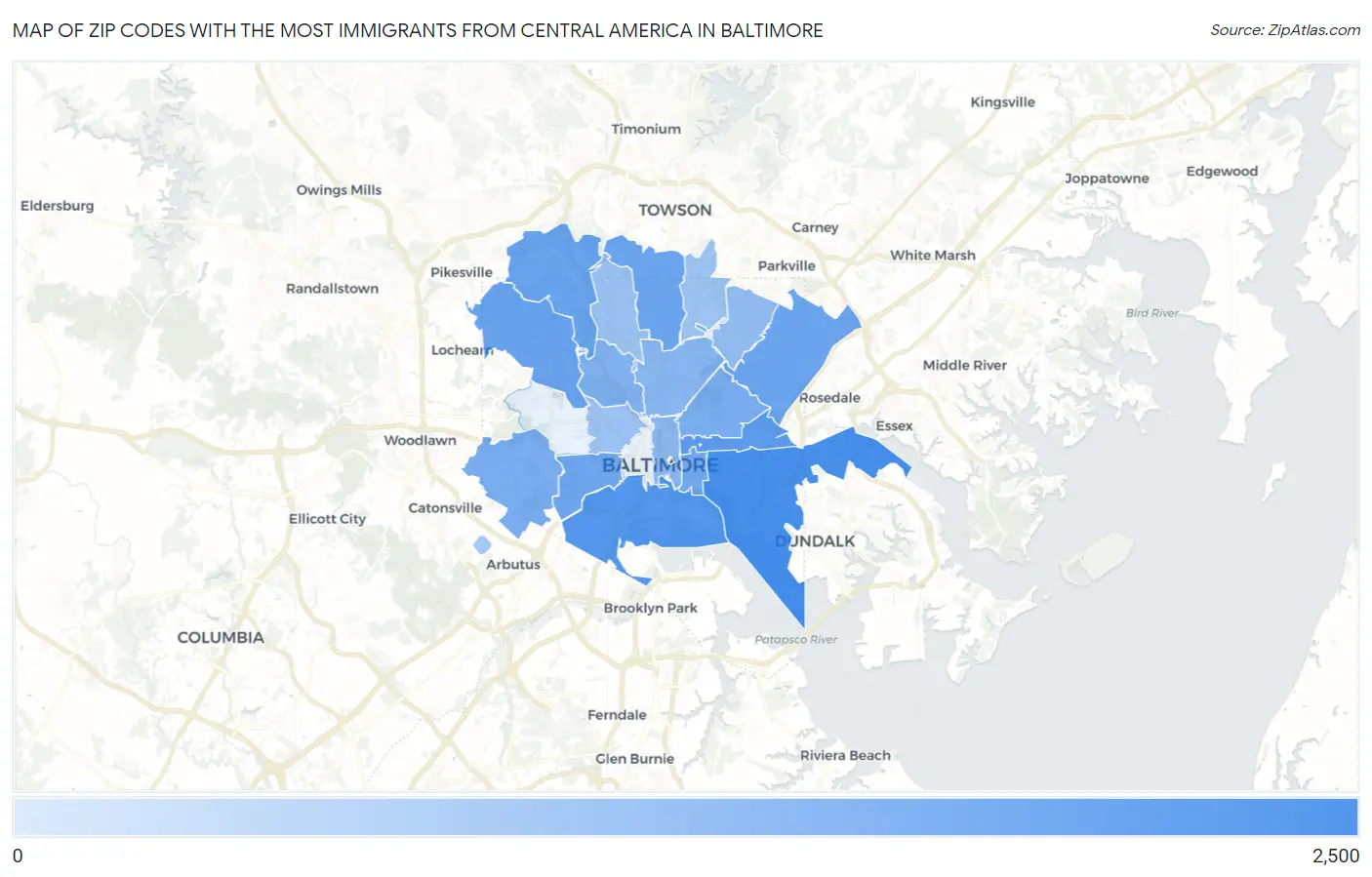 Zip Codes with the Most Immigrants from Central America in Baltimore Map