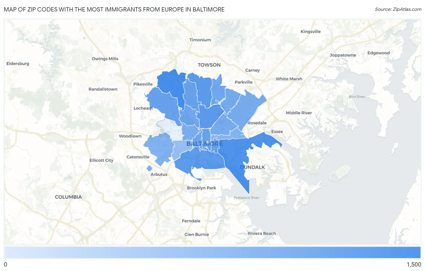 Zip Codes with the Most Immigrants from Europe in Baltimore Map