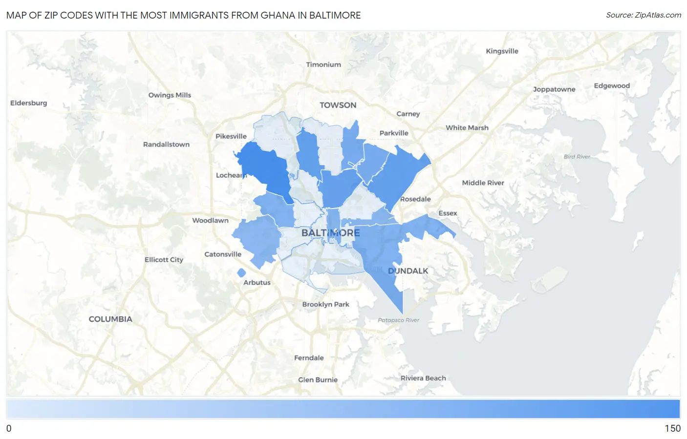 Zip Codes with the Most Immigrants from Ghana in Baltimore Map