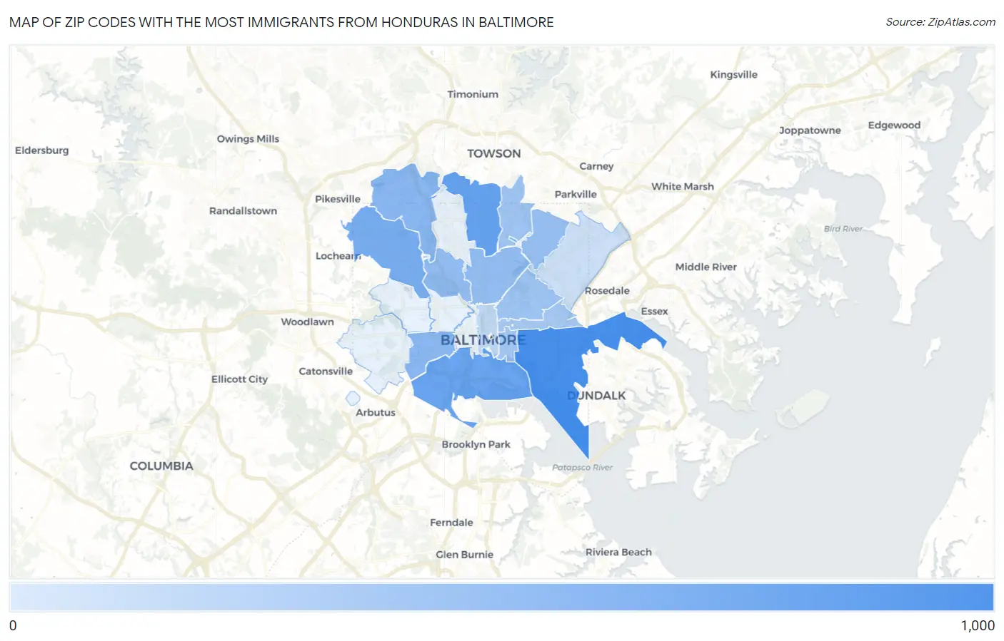 Zip Codes with the Most Immigrants from Honduras in Baltimore Map