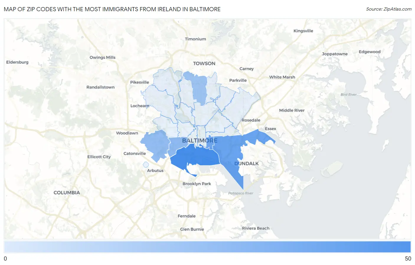 Zip Codes with the Most Immigrants from Ireland in Baltimore Map